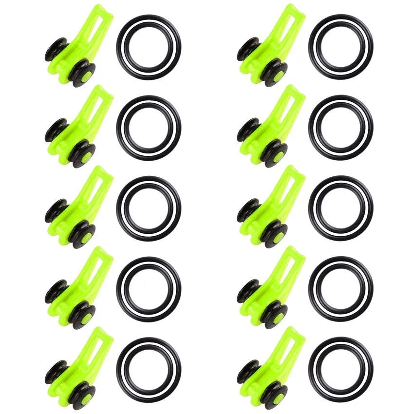 Pack of 10 plastic lure bait hangers in orange, green, blue, and other colours for fishing tackle organisation