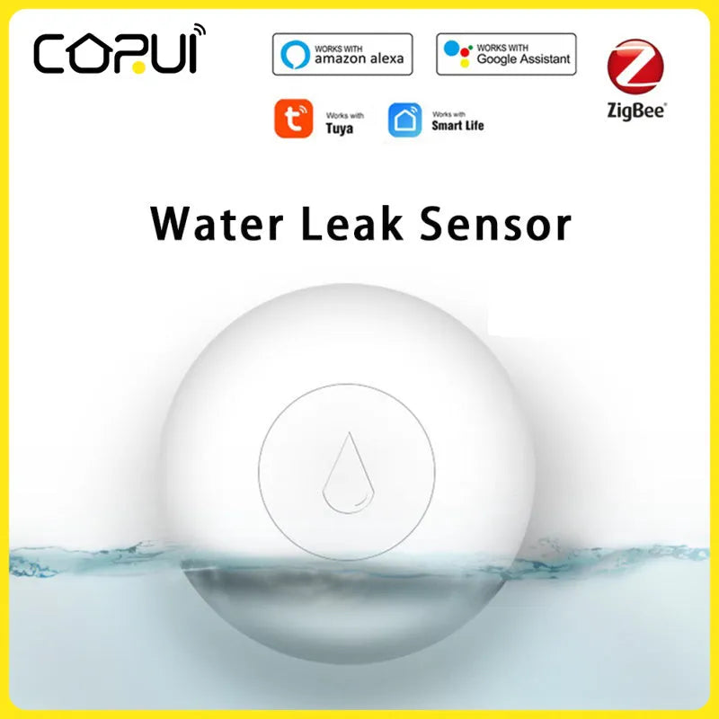 Wireless Zigbee water sensor with white PC housing, measuring 50mm by 17mm, for smart home flood detection.