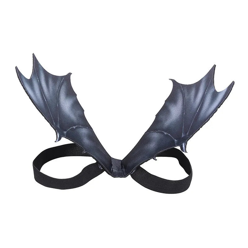 Black cloth bat wings Halloween costume shown on a dog, with size options for 40cm, 55cm, and 64cm wingspans.