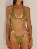 Women's halter neck bikini with lace-up front and low-waist briefs in solid colour