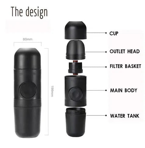 Black portable manual coffee machine measuring 6cm by 17.5cm with stainless steel components