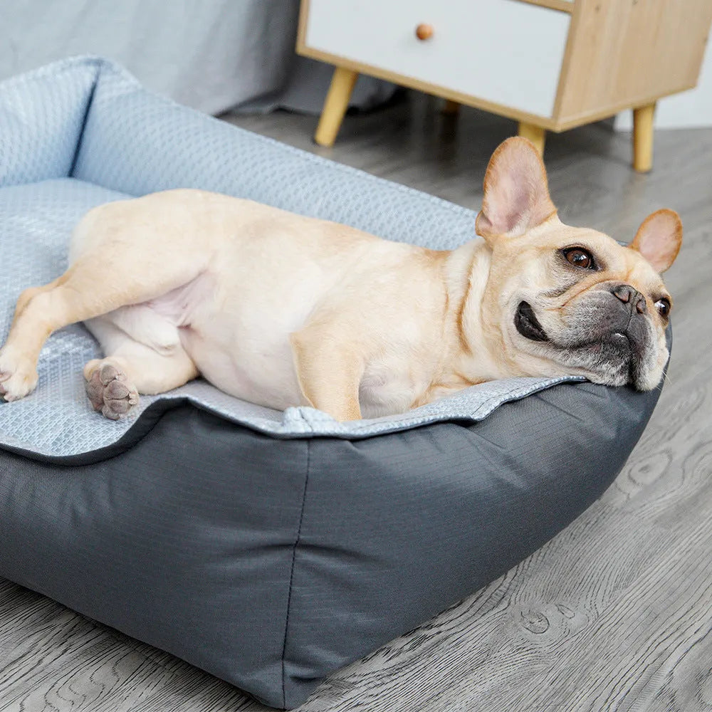 Soft grey pet bed with removable cover in small, medium, and large sizes for dogs and cats