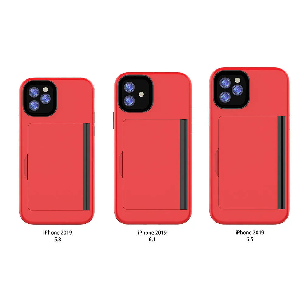iPhone 11 protective case in six solid colours: black, red, pink, dark blue, blue, and purple.