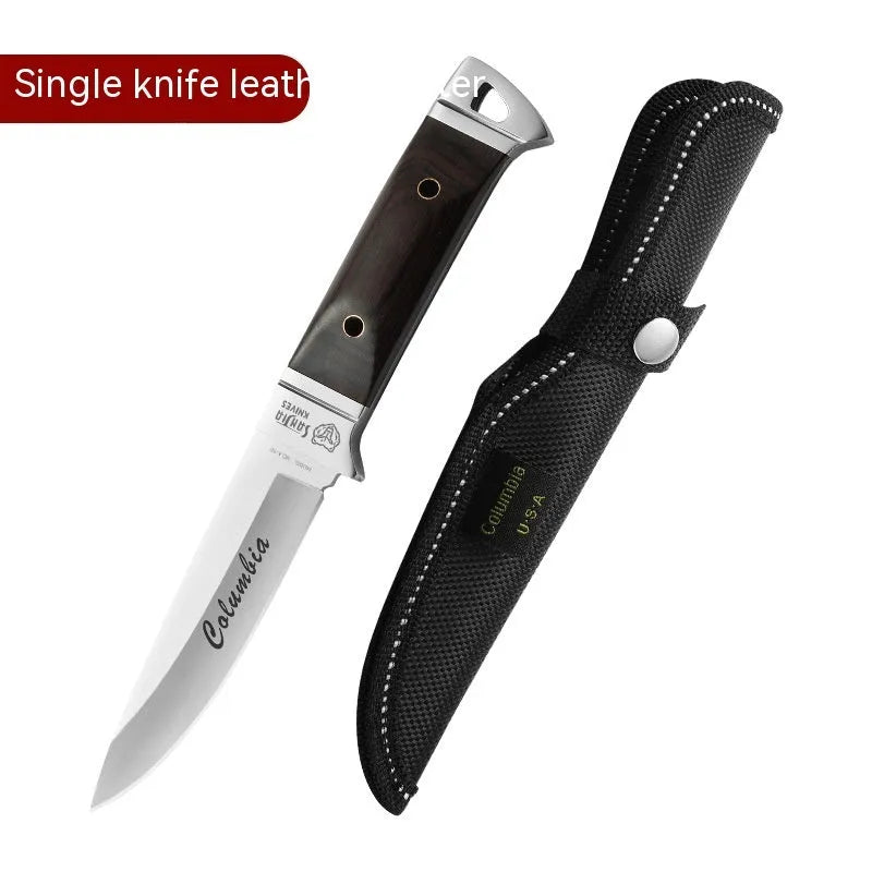 Camping multifunctional fruit knife with stainless steel blade and leather case in national style design