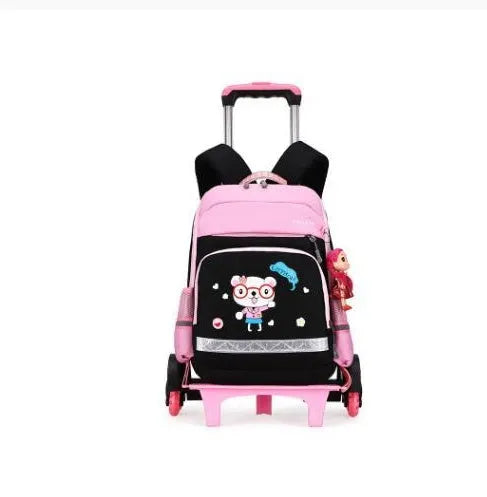 Korean red and black trolley backpack for elementary school students with wheels.