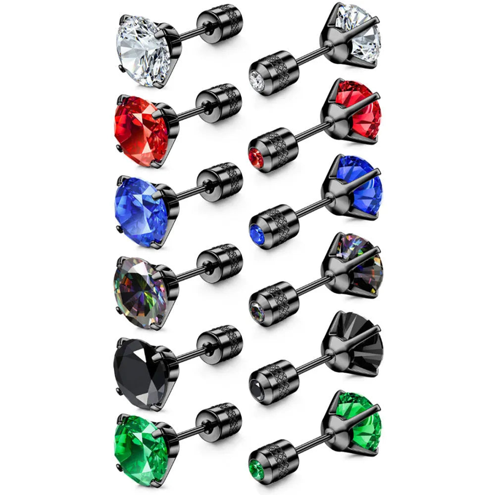 Geometric stainless steel zircon earrings in multiple sizes and colours with diamond treatment on a white background.