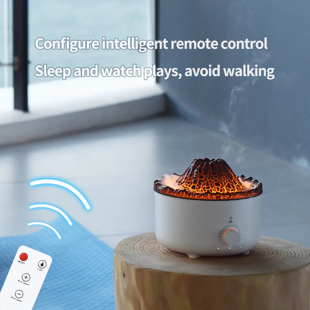 Small white volcano-shaped humidifier with simulated flame lighting and remote control on wooden table