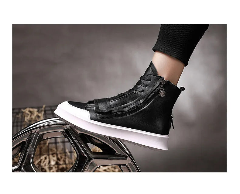 Men's black high-top ankle boot made of PU leather microfiber, shown on a white background.