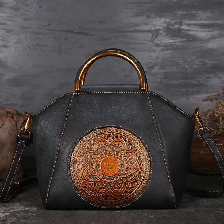 Genuine embossed leather messenger top handle bag in Graphite Grey with totem pattern