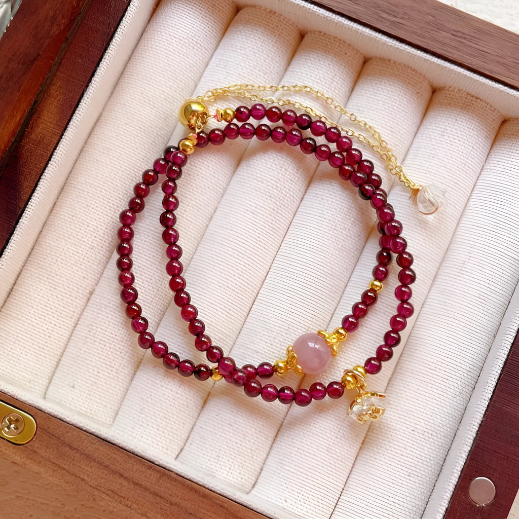 Women's natural garnet bracelet with double ring design and H311 colour garnet
