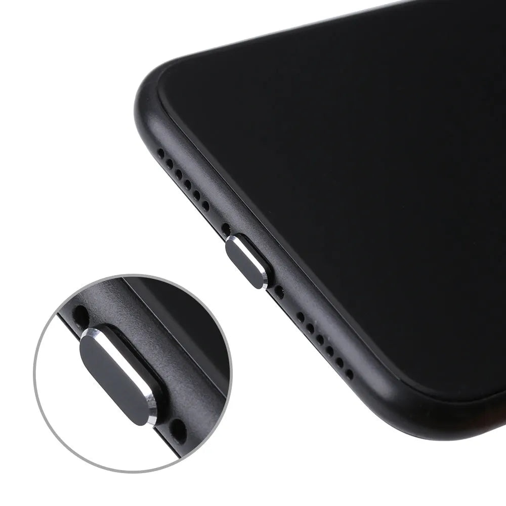 Aluminium alloy mobile phone charging port dust plug for iPhone, shown in multiple colours.