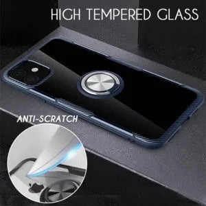 Black PU leather iPhone case with a built-in kickstand and car vent clip extended.