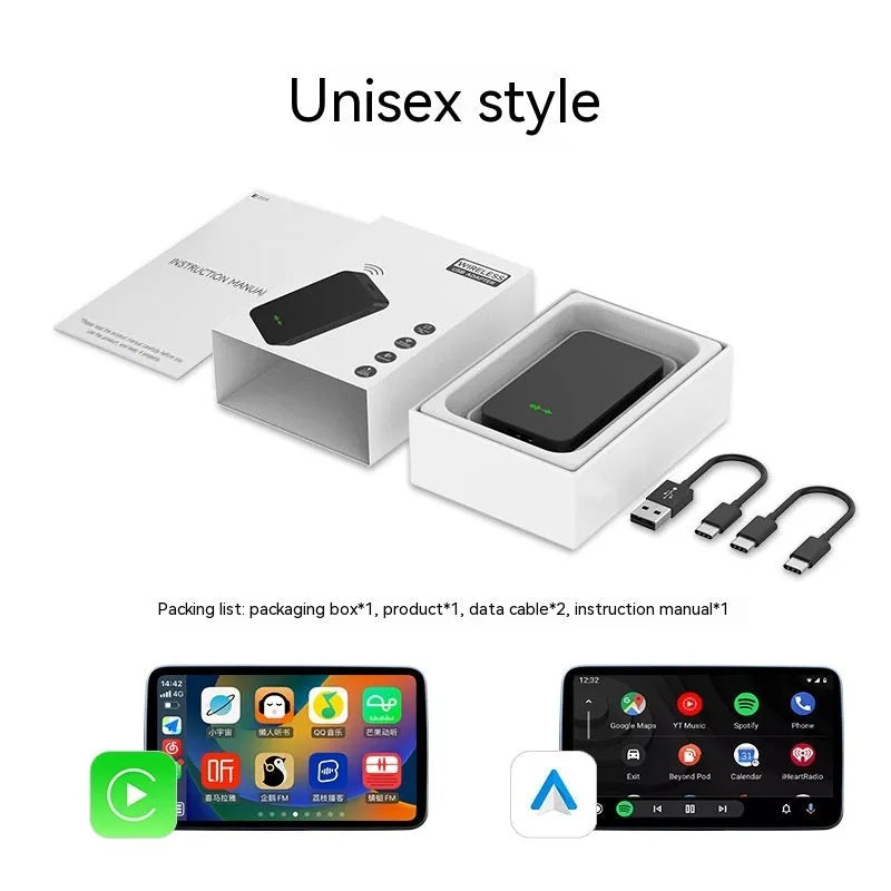 Car wired to wireless entertainment box with data cables for vehicle audio system connection