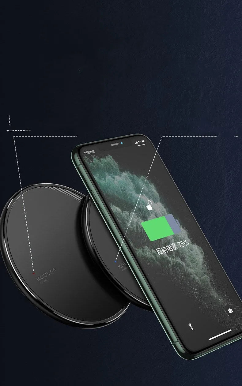 Black Kuulaa wireless disc phone charger with Micro USB cable