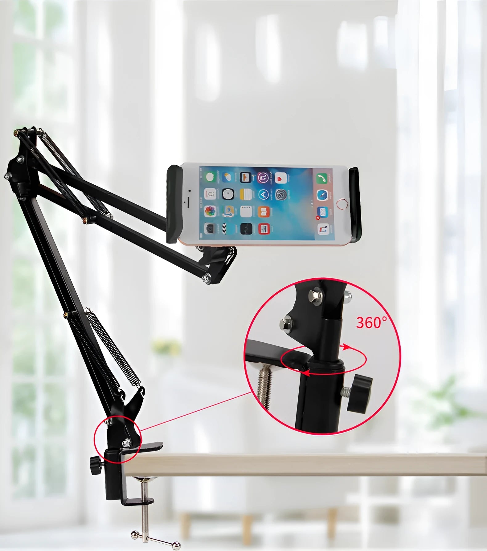 Adjustable phone and tablet stand in black and white colours on desktop