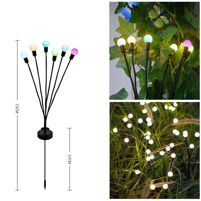 Solar-powered LED firefly garden light with multiple heads and a ground stake.
