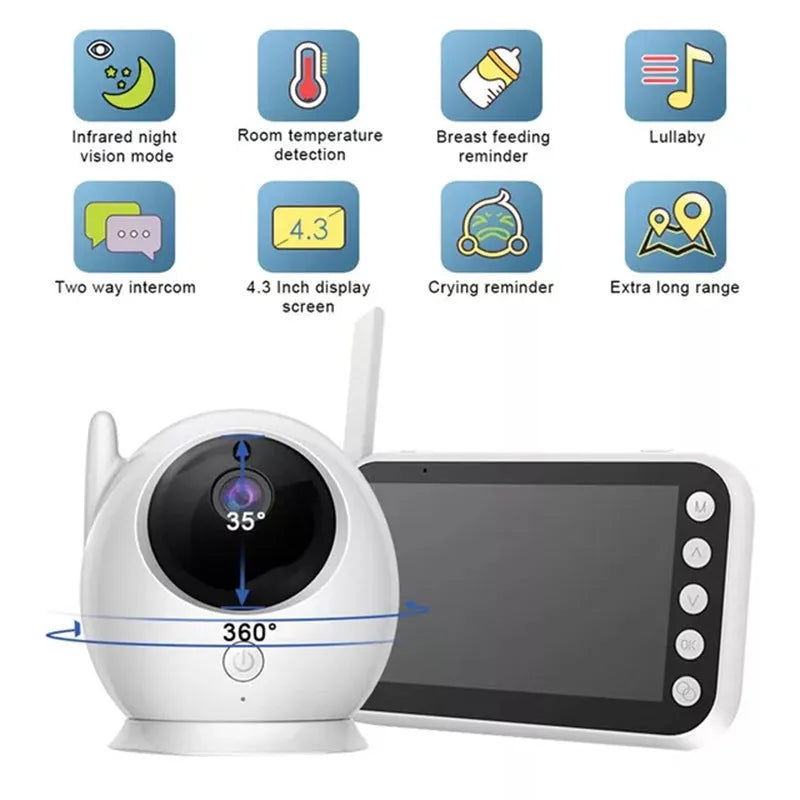 Baby monitor with 4.3-inch LCD screen showing baby in cot, night vision mode, camera with 120-degree rotation