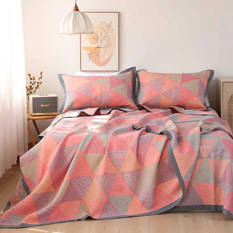 Cotton gauze three-piece bedding set with floral pattern including blanket and two pillowcases