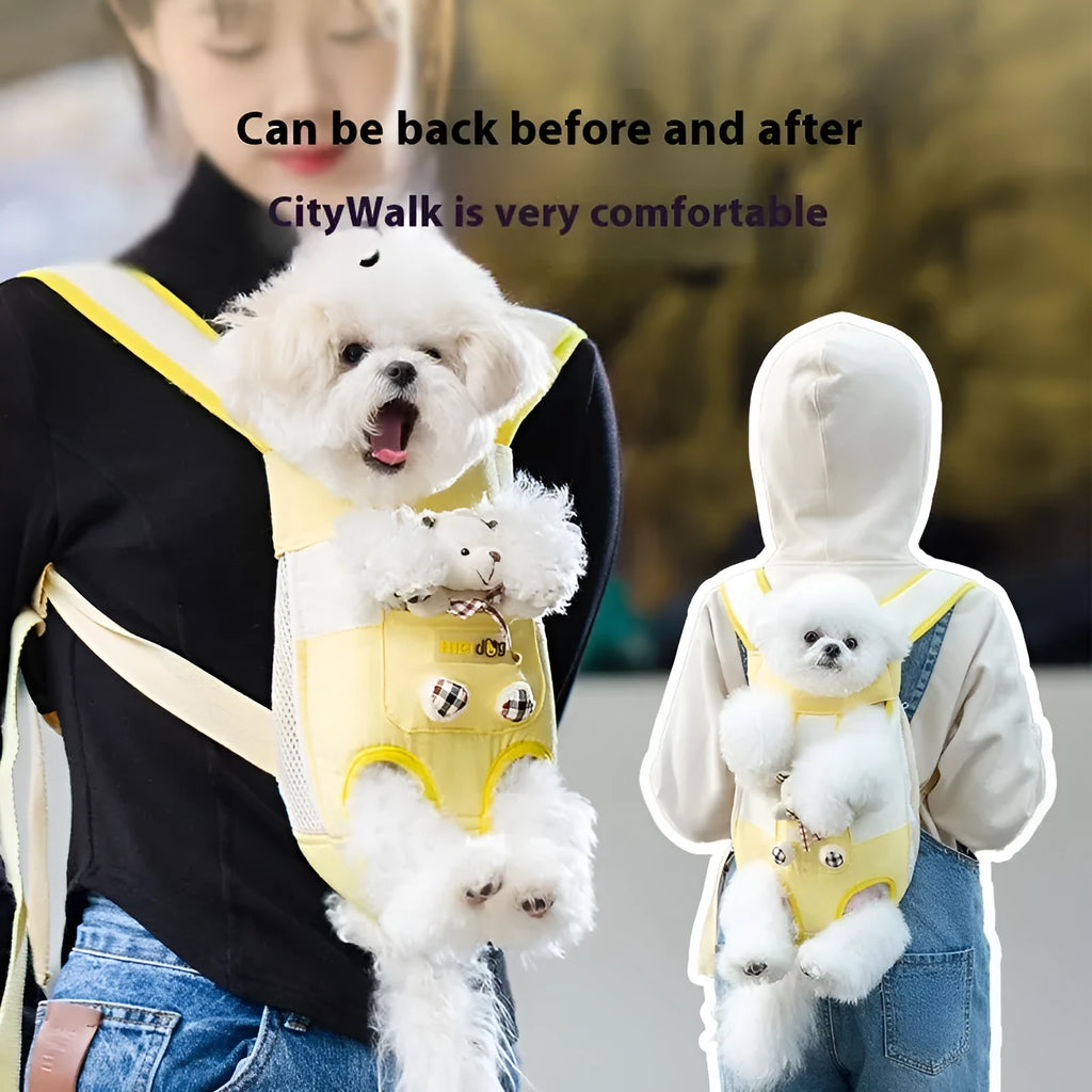 Soft canvas pet carrier bag with cartoon animal design showing colourful stitching details