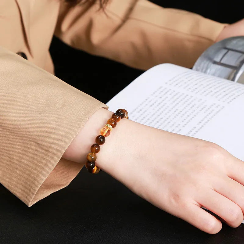 Yellow tiger stone and crystal bracelet with 8mm geometric round beads