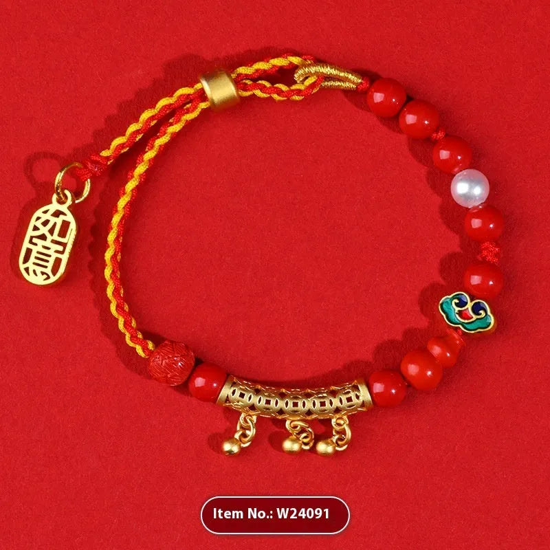 Women's hand-woven cinnabar bracelet with red sand bell design and geometric rope construction