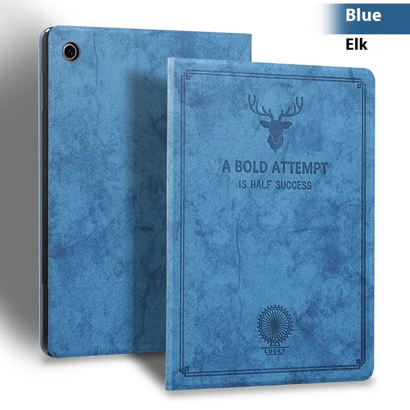 Creative deer pattern soft shell TPU leather clamshell case for iPad on a table.