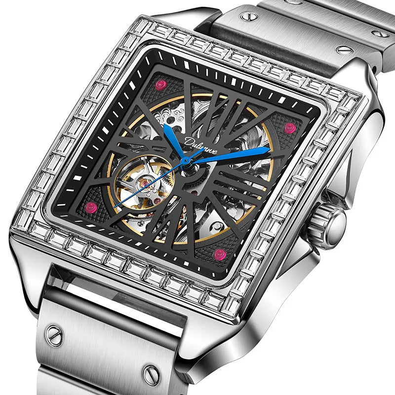Men's square-faced automatic watch with diamond studs on a black leather strap