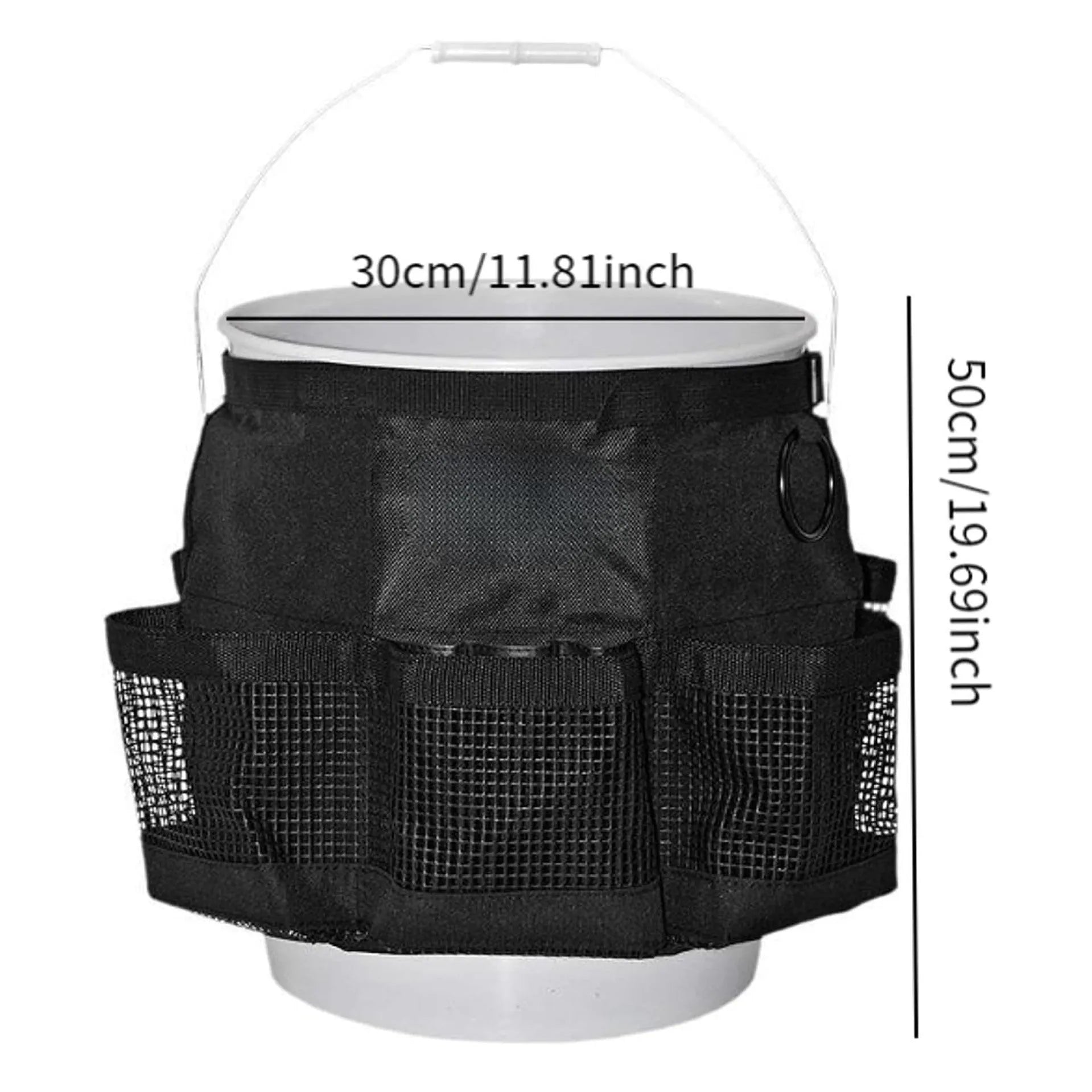 Black cylindrical polyester storage bag hanging on a 5 gallon barrel for organising tools.