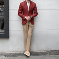 Men's pure linen slim fit suit jacket double-breasted two buttons white wine red long sleeve formal wear