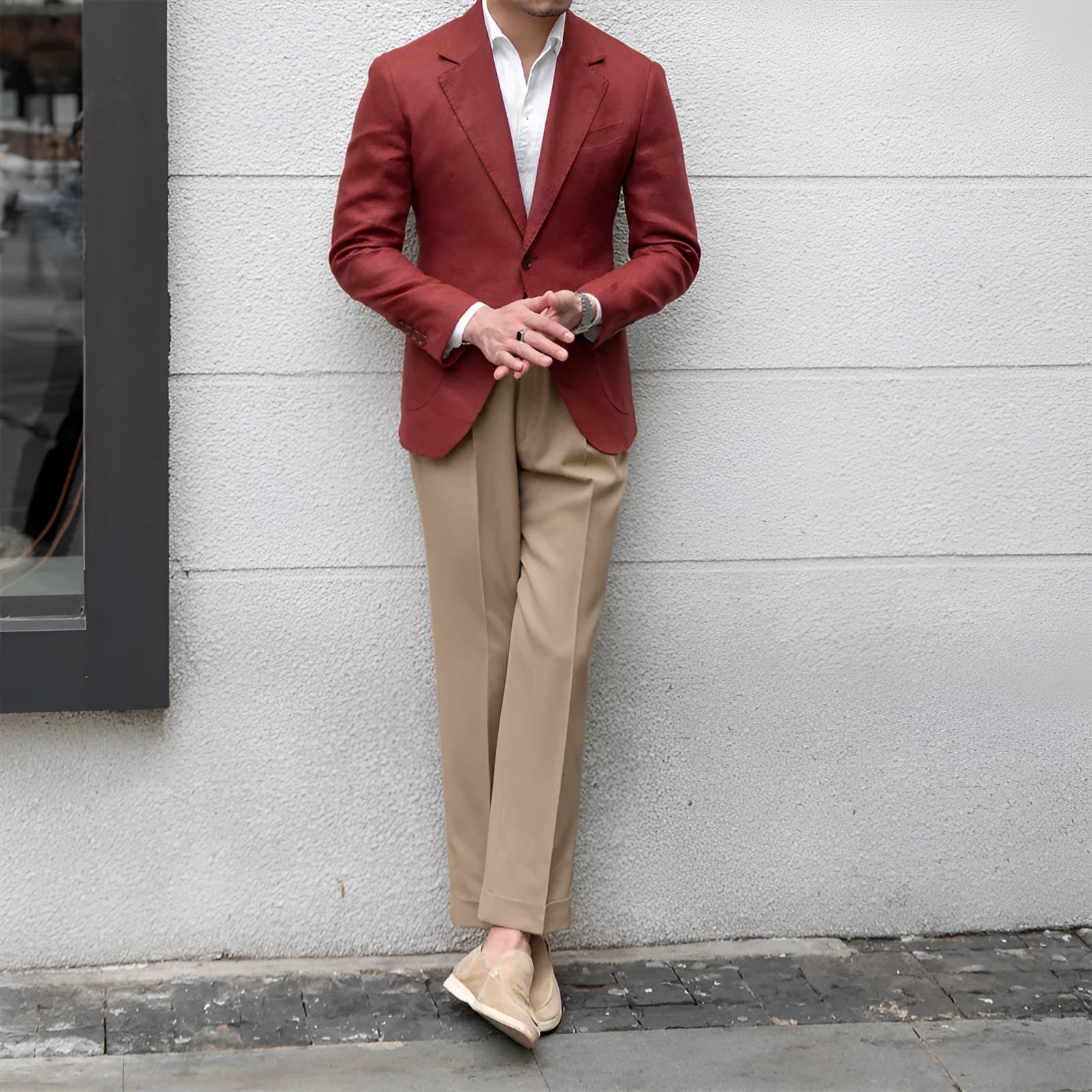 Men's pure linen slim fit suit jacket double-breasted two buttons white wine red long sleeve formal wear