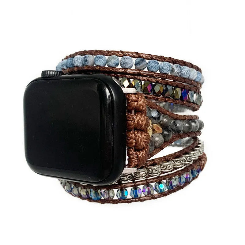 Natural agate woven bohemian watch band on a dark background, showing stone beads and bracelet style