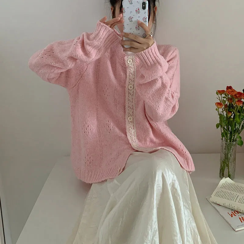 Artistic retro Korean knitwear cardigan coat in loose free size, shown in apricot colour.