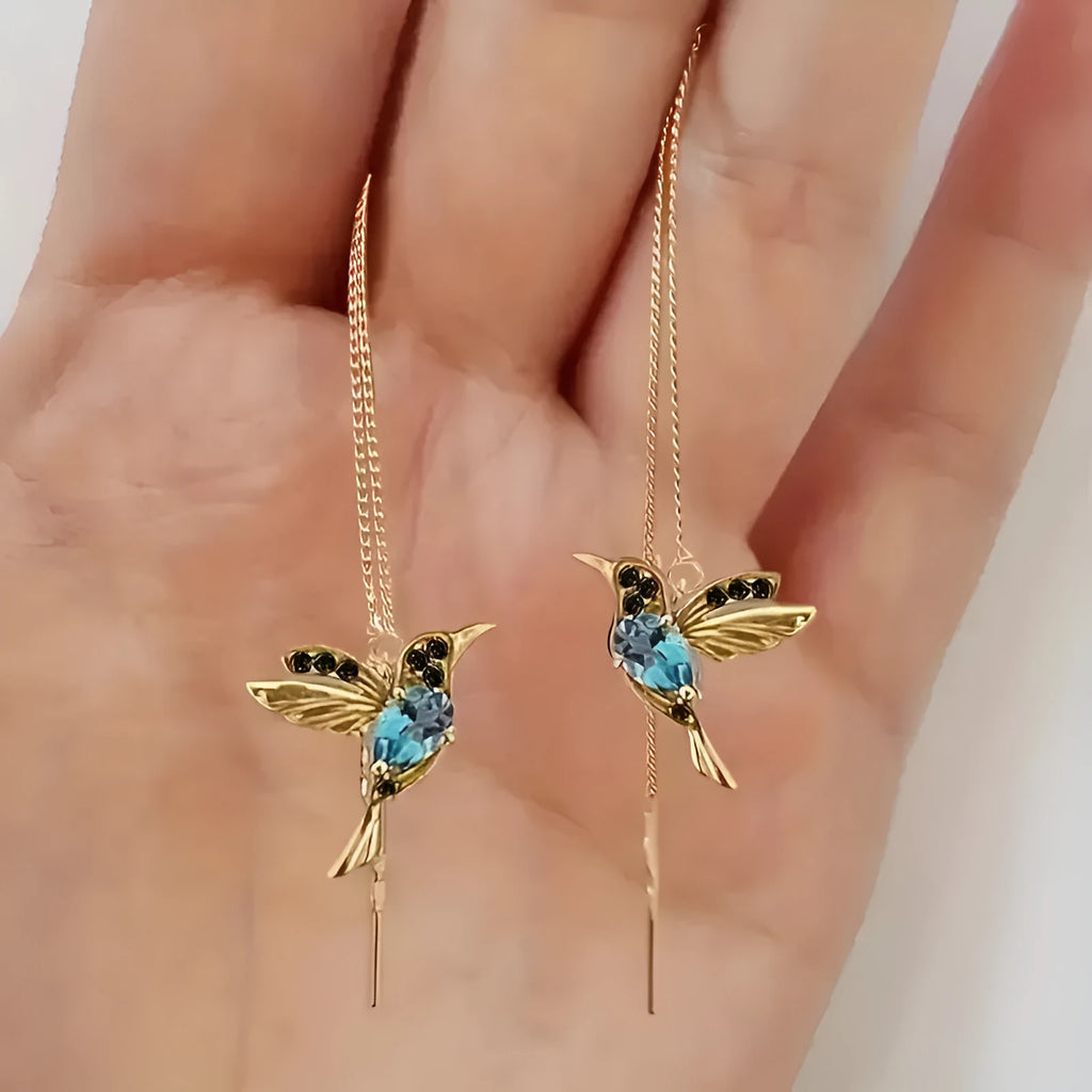 Personalised bird hanging long earrings with zirconium wings in red, blue, or red lvzuan colours