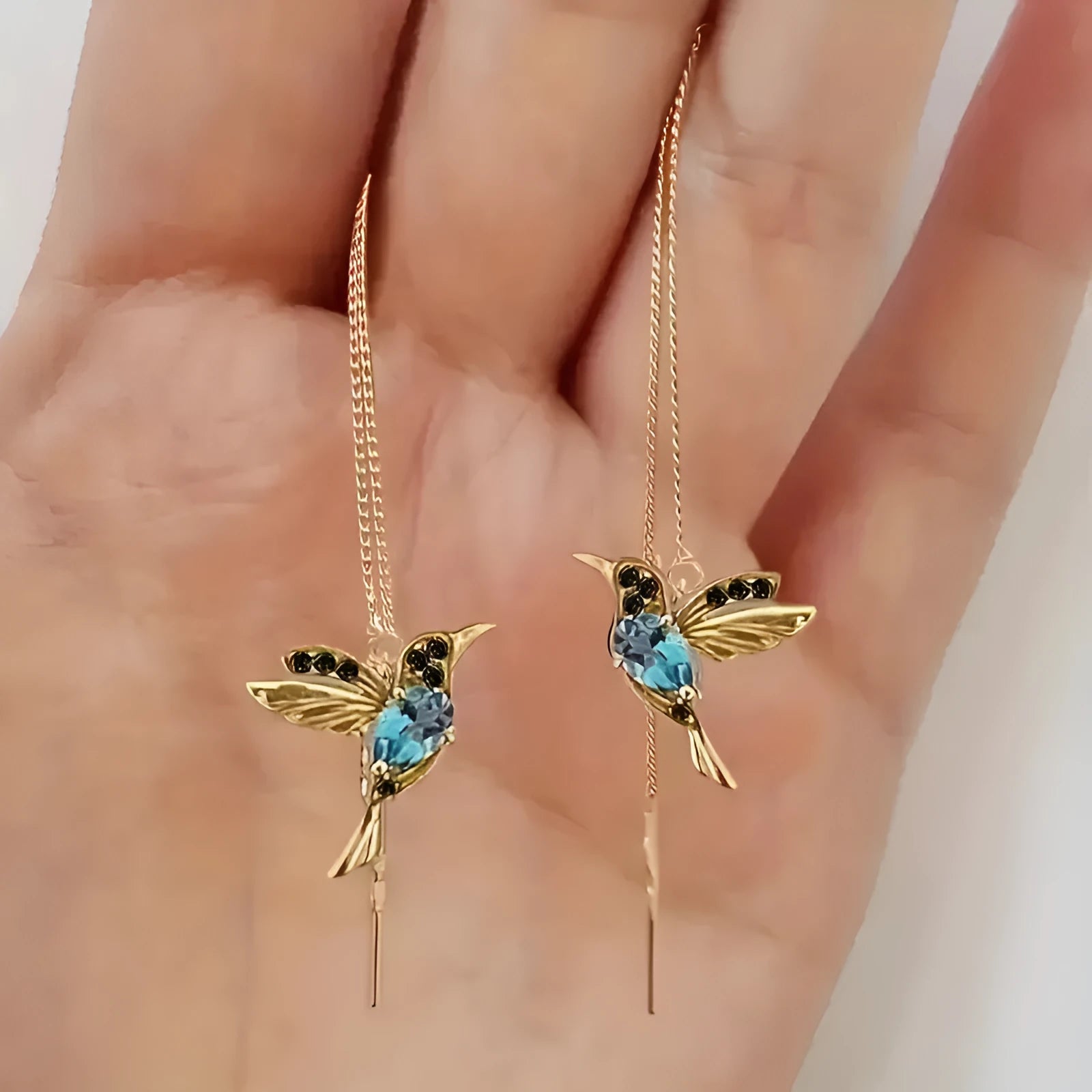 Personalised bird hanging long earrings with zirconium wings in red, blue, or red lvzuan colours