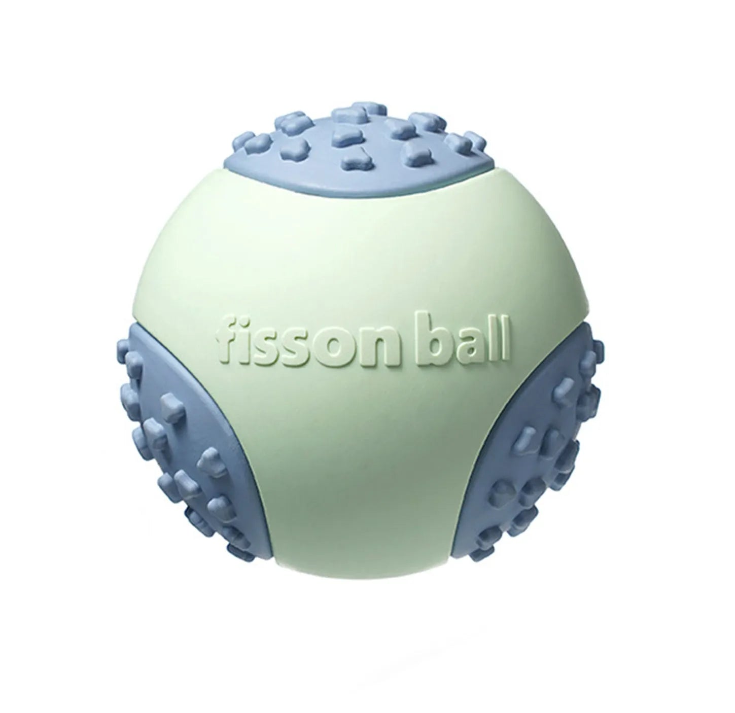 Green rolling ball dog toy for small medium dogs showing 64mm diameter size