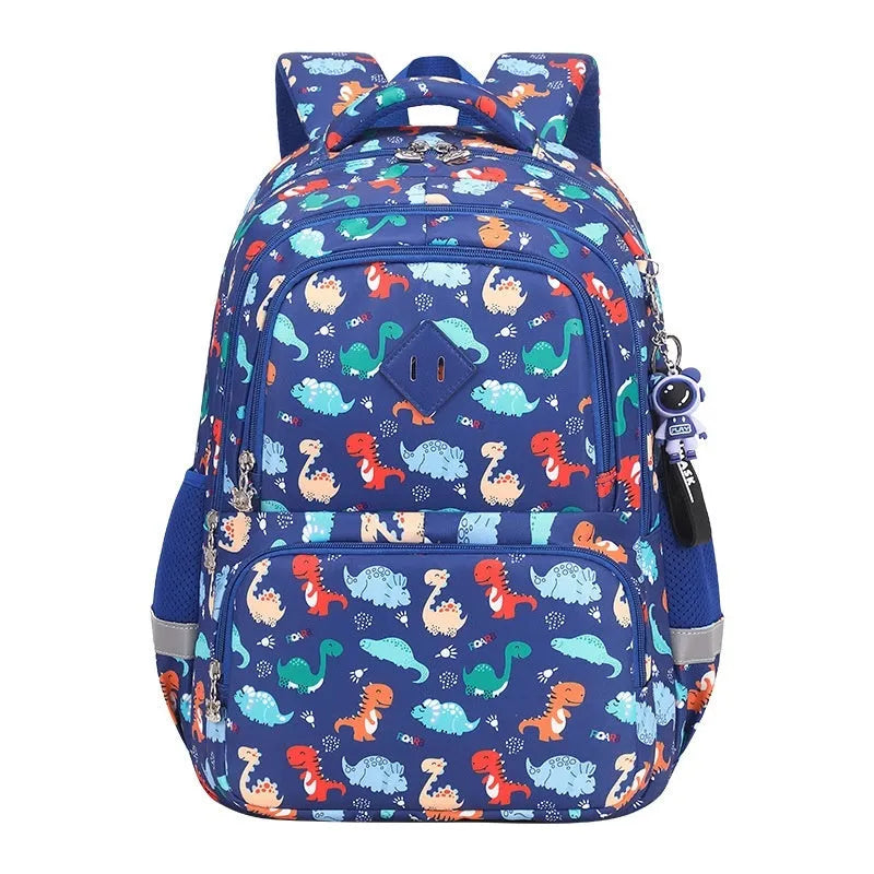 Blue dinosaur pattern children's waterproof school backpack with curved straps on a white background.