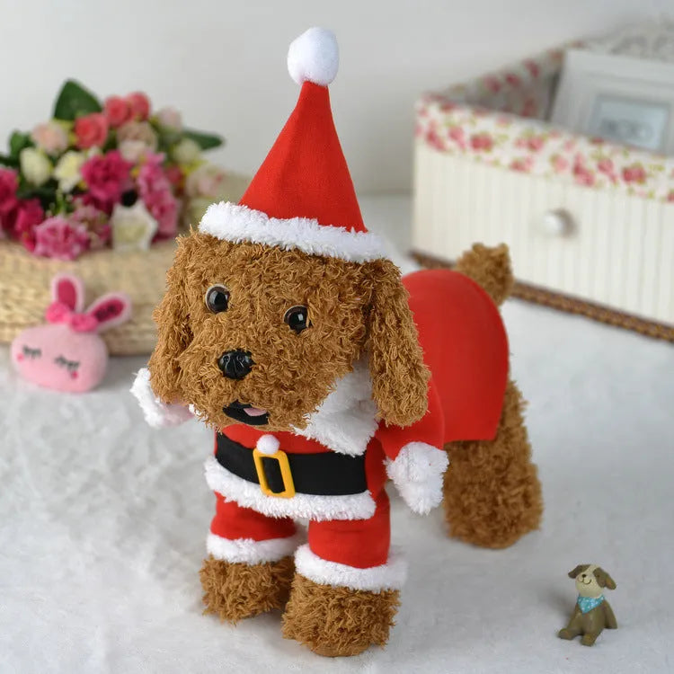 Red Santa Claus pet costume made from stretchable polar fleece fabric for dogs and cats