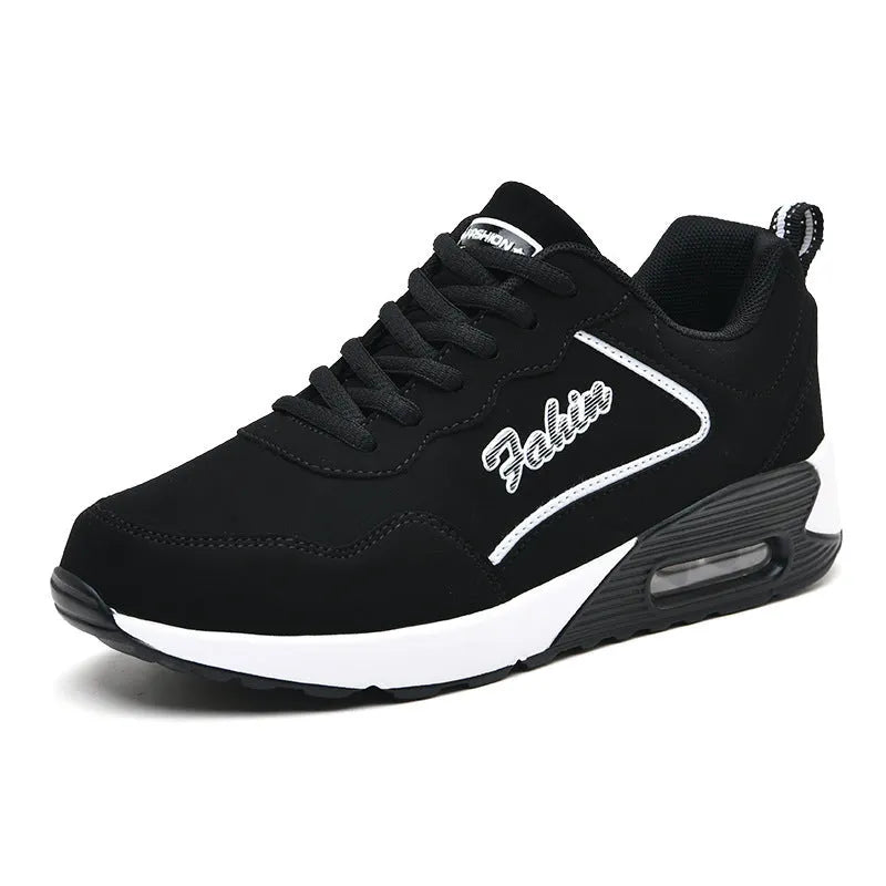 Women's plus size air cushion sports shoes, artificial leather, round toe, lace-up, low top, flat heel, in black pink colourway