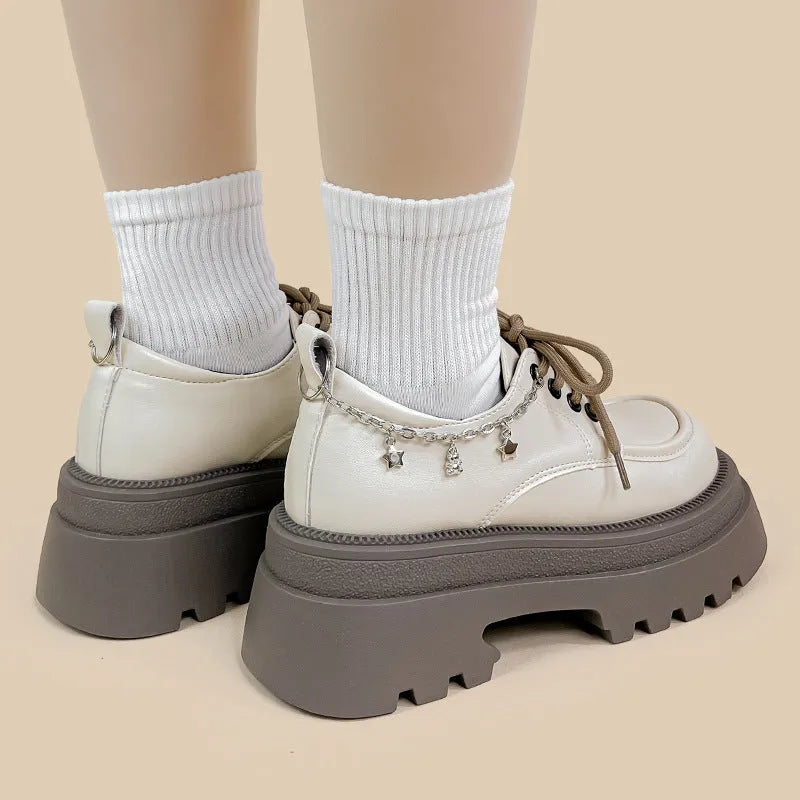 White British style Mary Jane platform shoes with chunky heel and XINGX bear decoration
