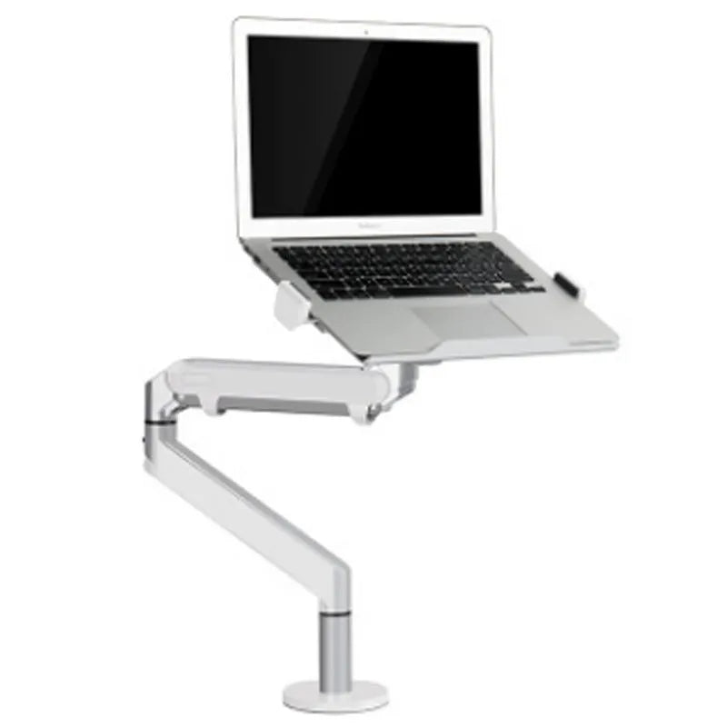 Silver aluminium laptop stand with air pressure arm bracket and rotating platform