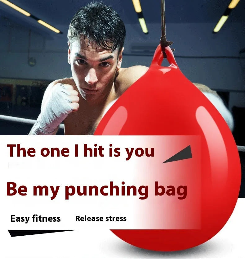 Red PVC water-filled boxing reaction ball with black hook rope sling for speed training.