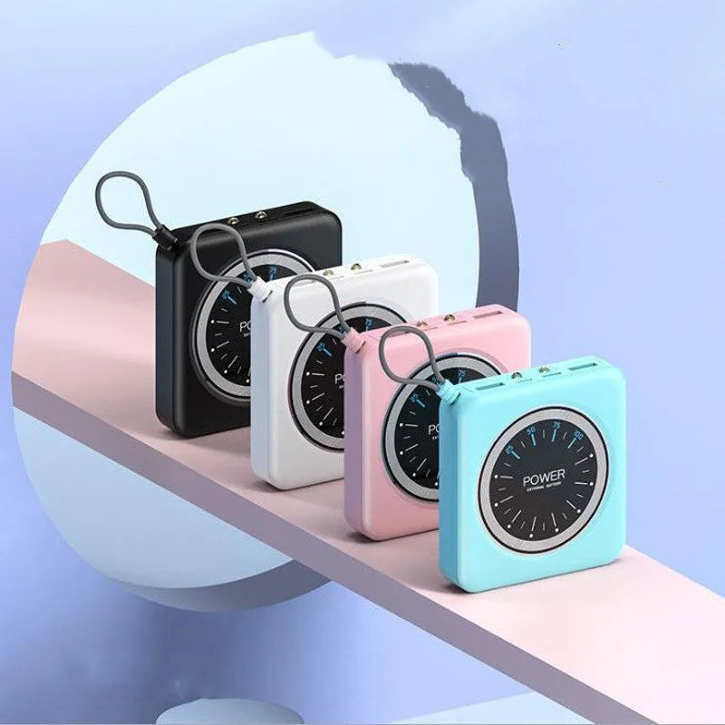 Compact alloy-cased portable power bank in mint green, showing multiple USB output ports.