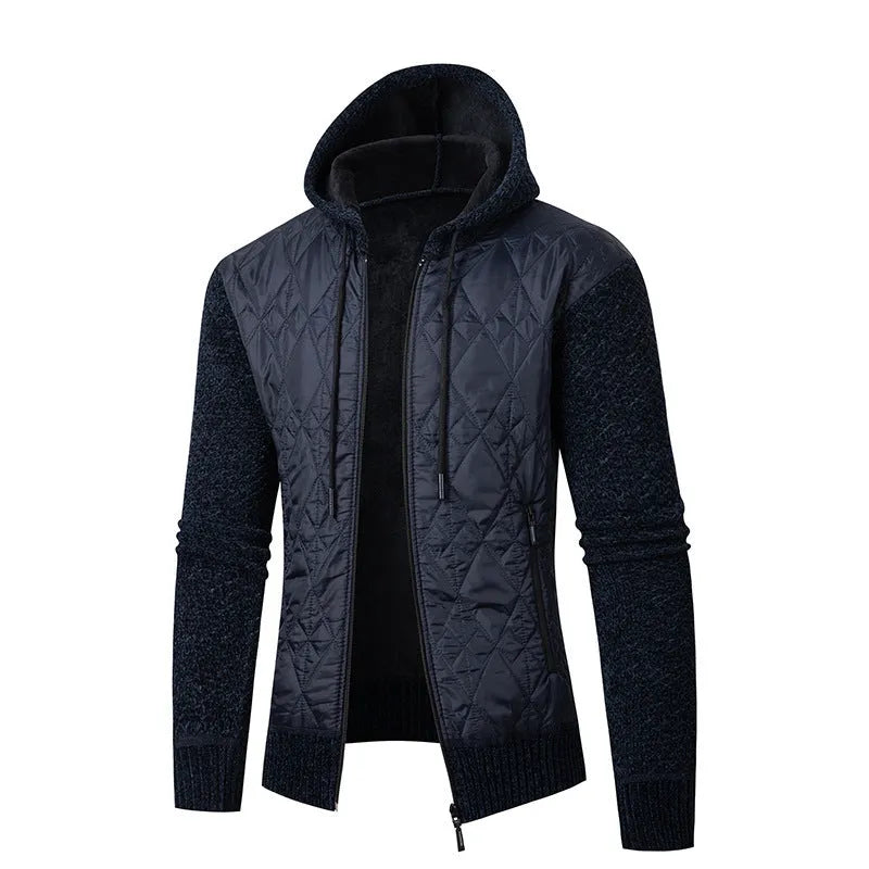 Men's grey hooded corduroy sweater coat with cinched waist on a hanger.