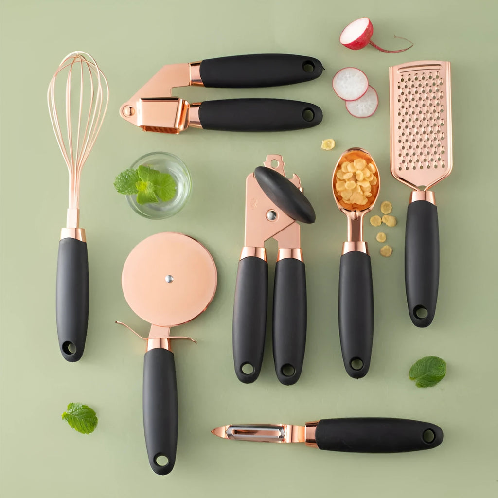 Rose gold plated stainless steel 7-piece kitchen tool set with cutlery rack in mint green colour