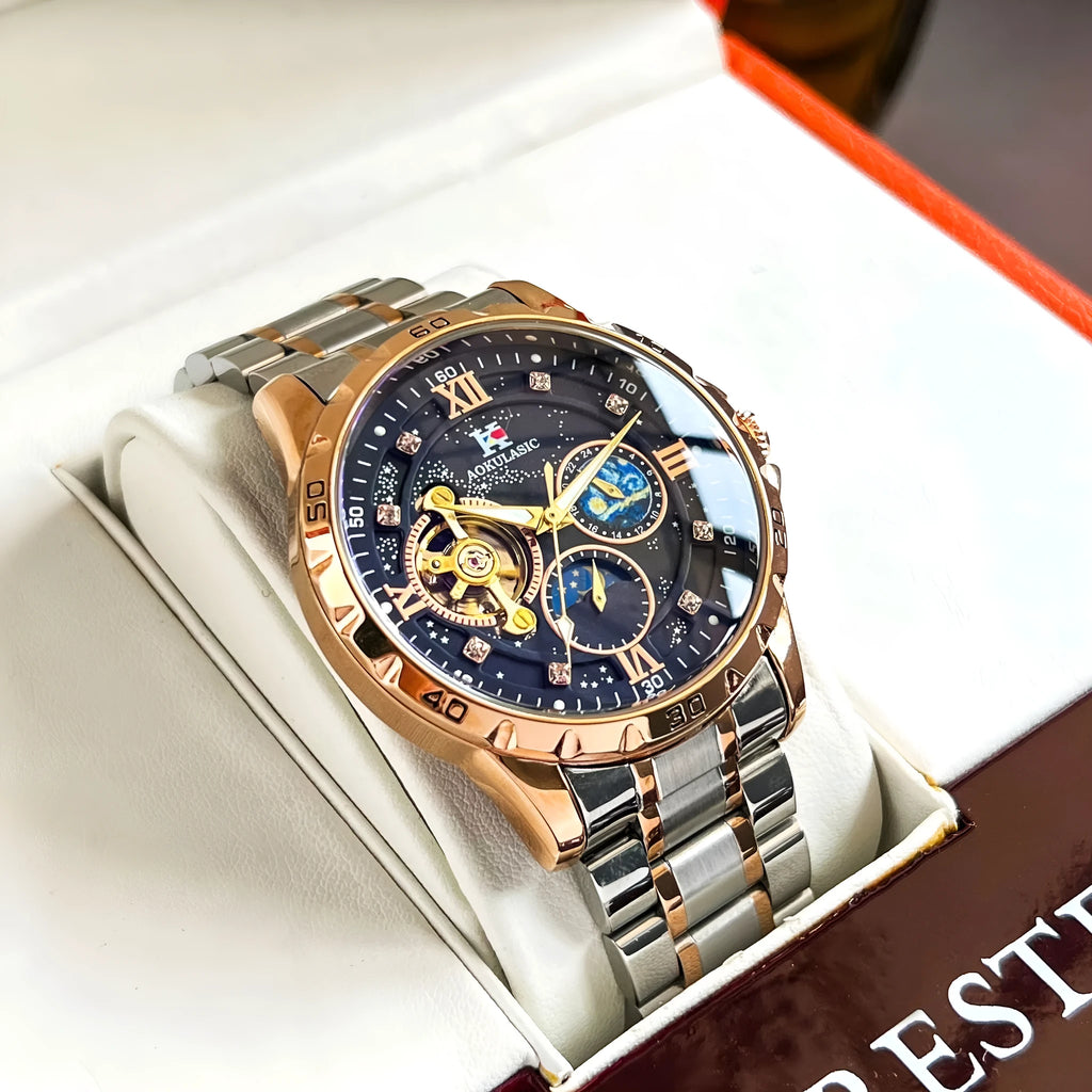 Automatic mechanical men's watch with rose gold case, black dial, and large display.