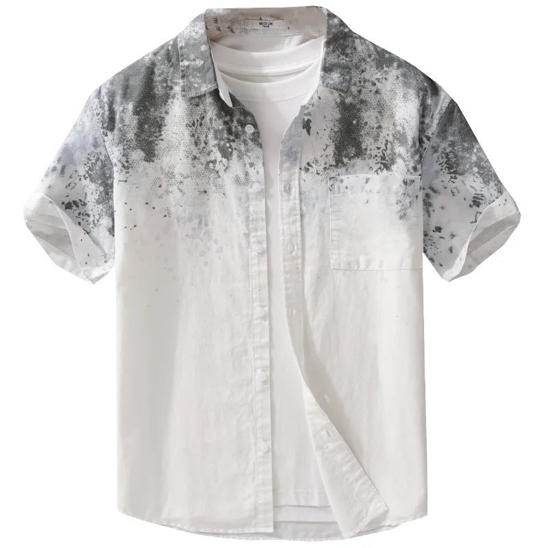 Men's grey loose fit short-sleeved cotton cardigan shirt on hanger