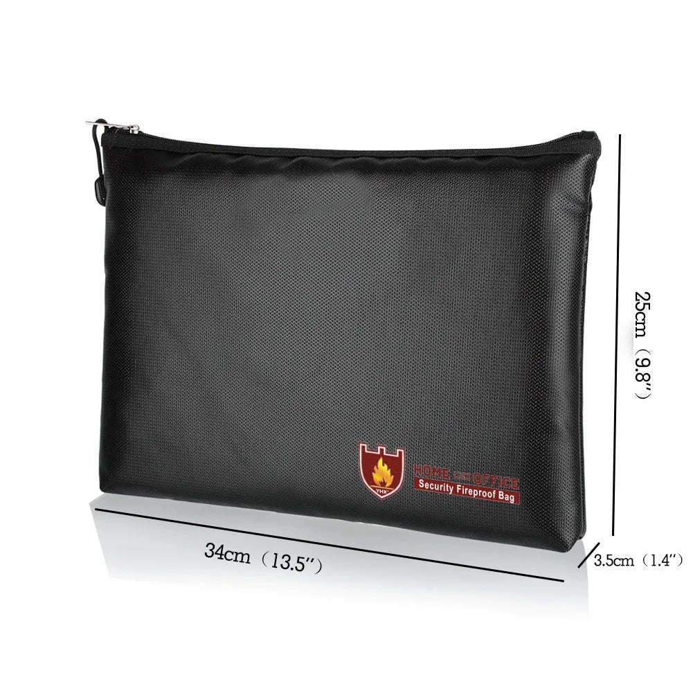 Black fire-proof contract document bag shown in small, medium, and large sizes