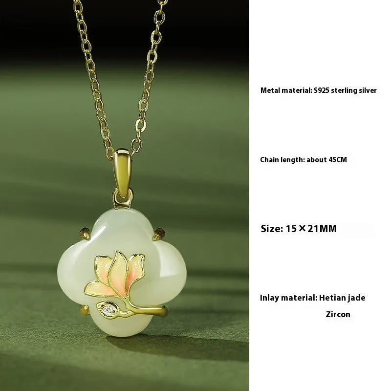 S925 Sterling Silver necklace, bracelet and earrings set with inlaid Hetian Jade magnolia flower design.