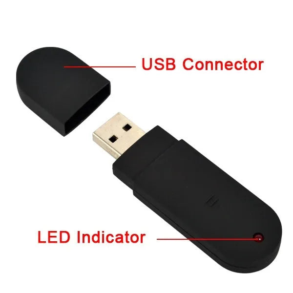 Wireless presenter remote in black molded plastic with USB receiver and red laser pointer