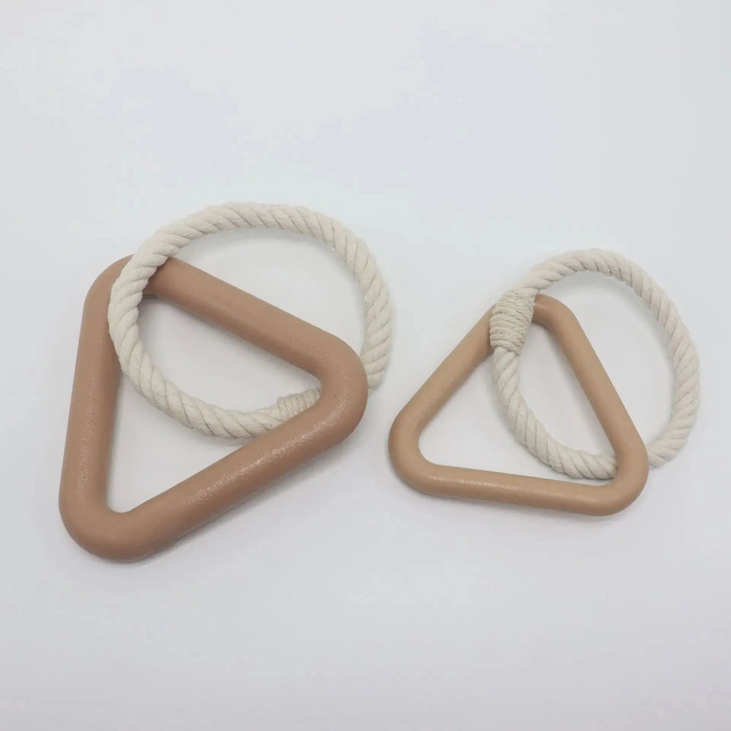 Large triangular cotton rope pull ring pet toy with a long leash in beige, pink, or purple colour options.